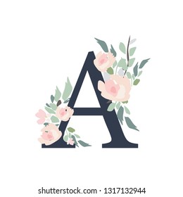Floral Alphabet - letter A with flowers bouquet composition. Unique collection for wedding invites decoration and many other concept ideas.