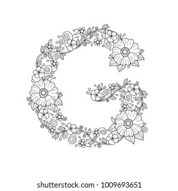 Floral alphabet letter G coloring book for adults. vector illustration.Hand drawn.Doodle style.