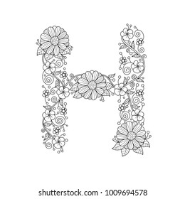 Floral alphabet letter H coloring book for adults. vector illustration.Hand drawn.Doodle style.