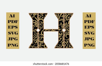 Floral Alphabet, letter H coloring page. Capital letter. Vector illustration art design.