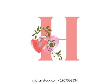 Floral alphabet, letter H with two hearts. Monogram initials for wedding invitations, greeting card etc. Valentine's day concept