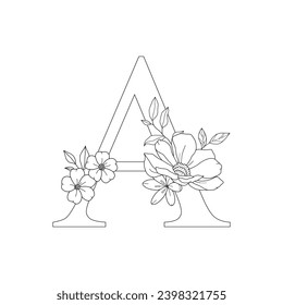 Floral alphabet letter A with hand drawn flowers and leaves for wedding invitation, greeting card, logo, poster and other design