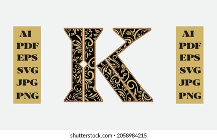 Floral Alphabet, letter K coloring page. Capital letter. Vector illustration art design.