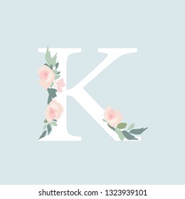 Floral Alphabet - letter K with flowers bouquet composition. Unique collection for wedding invites decoration and many other concept ideas.