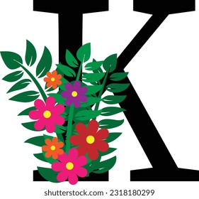 Floral Alphabet letter K, wedding, concept ideas, uppercase letters with flowers leaves, Vector illustration for wedding, greeting cards