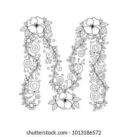 Floral alphabet letter M coloring book for adults. vector illustration.Hand drawn.Doodle style.