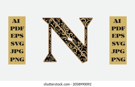 Floral Alphabet, letter N coloring page. Capital letter. Vector illustration art design.