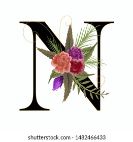 Floral Alphabet Letter N Watercolor Flowers Stock Vector (Royalty Free ...