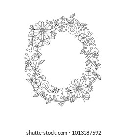 Floral alphabet letter O coloring book for adults. vector illustration.Hand drawn.Doodle style.