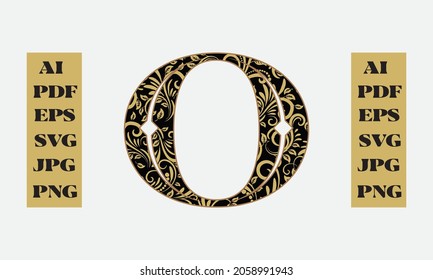 Floral Alphabet, letter O coloring page. Capital letter. Vector illustration art design.