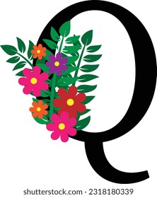 Floral Alphabet letter Q, wedding, concept ideas, uppercase letters with flowers leaves, Vector illustration for wedding, greeting cards