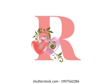 Floral alphabet, letter R with two hearts. Monogram initials for wedding invitations, greeting card etc. Valentine's day concept