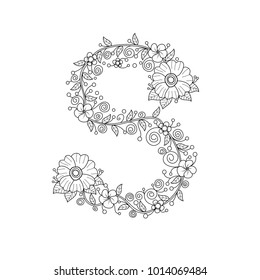 Floral alphabet letter S coloring book for adults. vector illustration.Hand drawn.Doodle style.