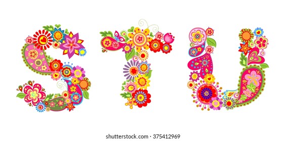 Floral alphabet with letter S, T, U