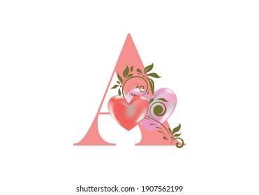 Floral alphabet, letter A with two hearts. Monogram initials for wedding invitations, greeting card etc. Valentine's day concept 