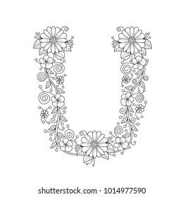 Floral alphabet letter U coloring book for adults. vector illustration.Hand drawn.Doodle style.