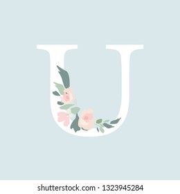 Floral Alphabet - letter U with flowers bouquet composition. Unique collection for wedding invites decoration and many other concept ideas.