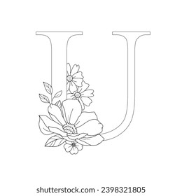 Floral alphabet letter U with hand drawn flowers and leaves for wedding invitation, greeting card, logo, poster and other design