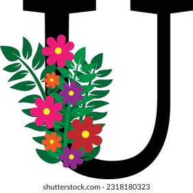 Floral Alphabet letter U, wedding, concept ideas, uppercase letters with flowers leaves, Vector illustration for wedding, greeting cards