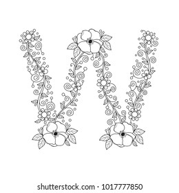 Floral alphabet letter W coloring book for adults. vector illustration.Hand drawn.Doodle style.