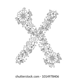 Floral alphabet letter X coloring book for adults. vector illustration.Hand drawn.Doodle style.