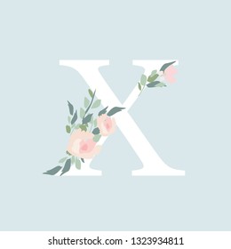 Floral Alphabet - letter X with flowers bouquet composition. Unique collection for wedding invites decoration and many other concept ideas.