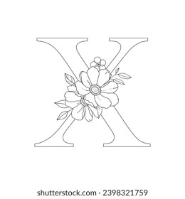 Floral alphabet letter X with hand drawn flowers and leaves for wedding invitation, greeting card, logo, poster and other design