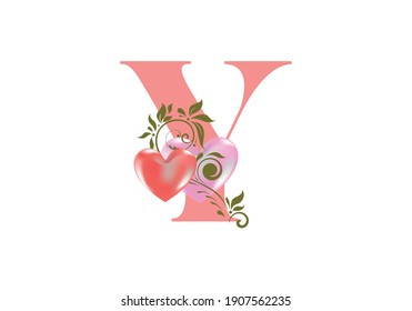 Floral alphabet, letter Y with two hearts. Monogram initials for wedding invitations, greeting card etc. Valentine's day concept