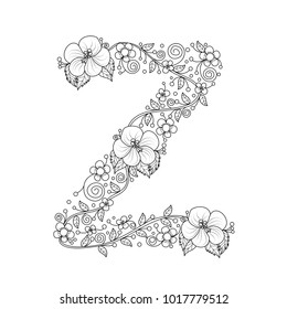 Floral alphabet letter Z coloring book for adults. vector illustration.Hand drawn.Doodle style.