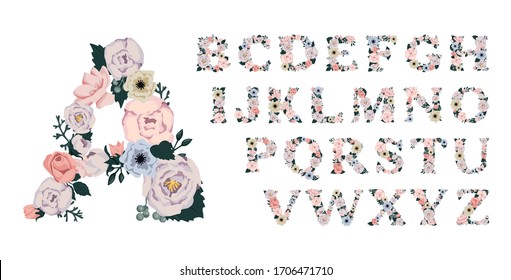 Floral alphabet. Letters with flowers and leaves. Alphabet spring and summer flowers. Vector isolated illustration on white background