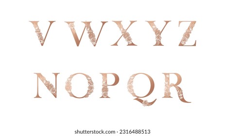 Floral alphabet logo set. Rose flowers in design. Delicate monograms for wedding, boutique, flower business, fashion