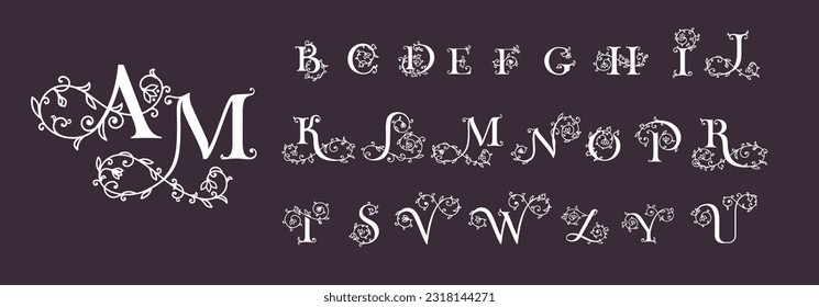 Floral alphabet logo set. Rose flowers in design. Delicate monograms for wedding, boutique, flower business, fashion