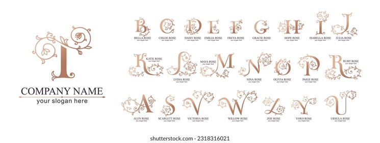 Floral alphabet logo set. Rose flowers in design. Delicate monograms for wedding, boutique, flower business, fashion