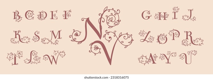 Floral alphabet logo set. Rose flowers in design. Delicate monograms for wedding, boutique, flower business, fashion