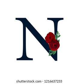 Floral Alphabet - Navy blue color Monogram initial letter N with Bordeaux 
rose and peony flowers bouquet composition for wedding and invite cards. 