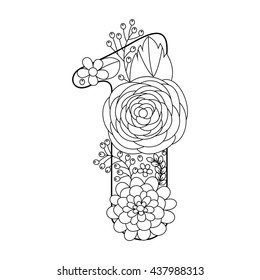 Floral alphabet number coloring book for adults vector illustration.