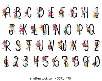 Floral Alphabet And Numbers Vector Set