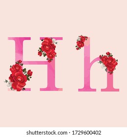 Floral Alphabet - pink watercolor effect letter H with flowers bouquet composition. Unique collection for wedding invitations, cards decoration and many other.