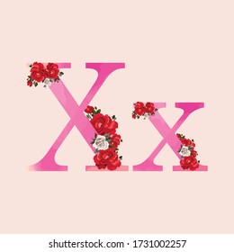 Floral Alphabet - pink watercolor effect letter X with flowers bouquet composition. Unique collection for wedding invitations, cards decoration and many other.