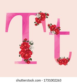Floral Alphabet - pink watercolor effect letter T with flowers bouquet composition. Unique collection for wedding invitations, cards decoration and many other.