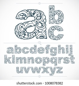 Floral alphabet sans serif letters drawn using abstract vintage pattern, spring leaves design. Black and white vector font created in natural eco style.