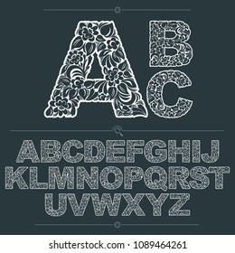 Floral alphabet sans serif letters drawn using abstract vintage pattern, spring leaves design. Black and white vector font created in natural eco style.
