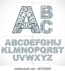 Floral alphabet sans serif letters drawn using abstract vintage pattern, spring leaves design. Black and white vector font created in natural eco style.