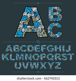 Floral alphabet sans serif letters drawn using abstract vintage pattern, spring leaves design. Blue vector font created in natural eco style.