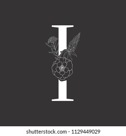 Floral alphabet and serif letter. Decorative ABC.