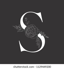 Floral alphabet and serif letter. Decorative ABC.