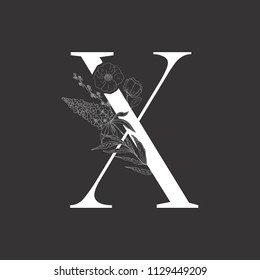 Floral alphabet and serif letter. Decorative ABC.