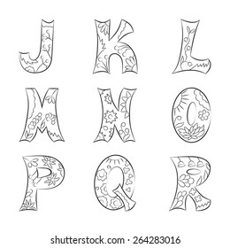 Floral alphabet. Set of letters from J to R. Coloring page for kids.