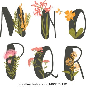 Floral Alphabet Set - letters M, N, O, P, Q, R, with flowers bouquet composition. Unique collection for wedding invites decoration and many other concept ideas.