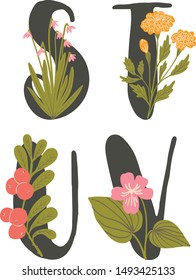 Floral Alphabet Set - letters S, T, U, V, with flowers bouquet composition. Unique collection for wedding invites decoration and many other concept ideas.